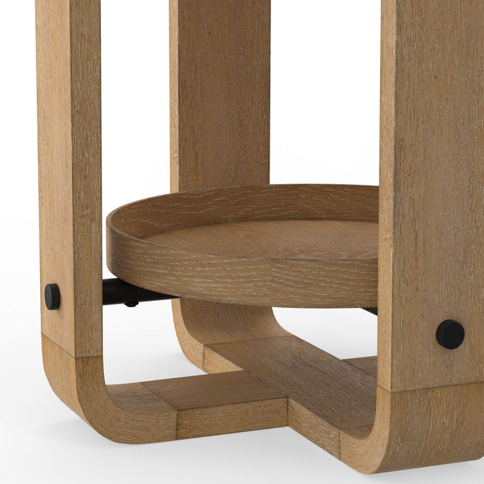 Escape - Round End Table With Shelf - Glazed Natural Oak / Black Metal Trim