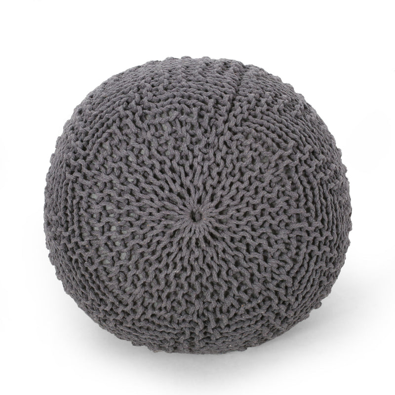 Hazel - Modern Knitted Cotton Yarn Round Pouf With Eco Friendly Pet Fibers - Dark Gray