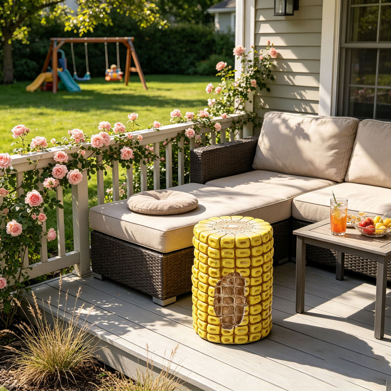 Novelty Corn Cob Stool, Plant Stand With Textured Kernels, For Home & Garden Decor - Yellow