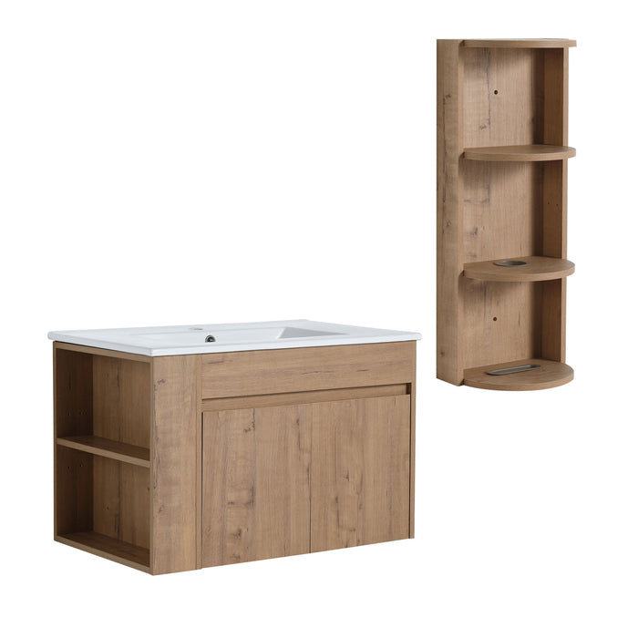 Modern Wall Mounted Bathroom Vanity With Sink And Storage Rack Soft Close Doors - Imitative Oak