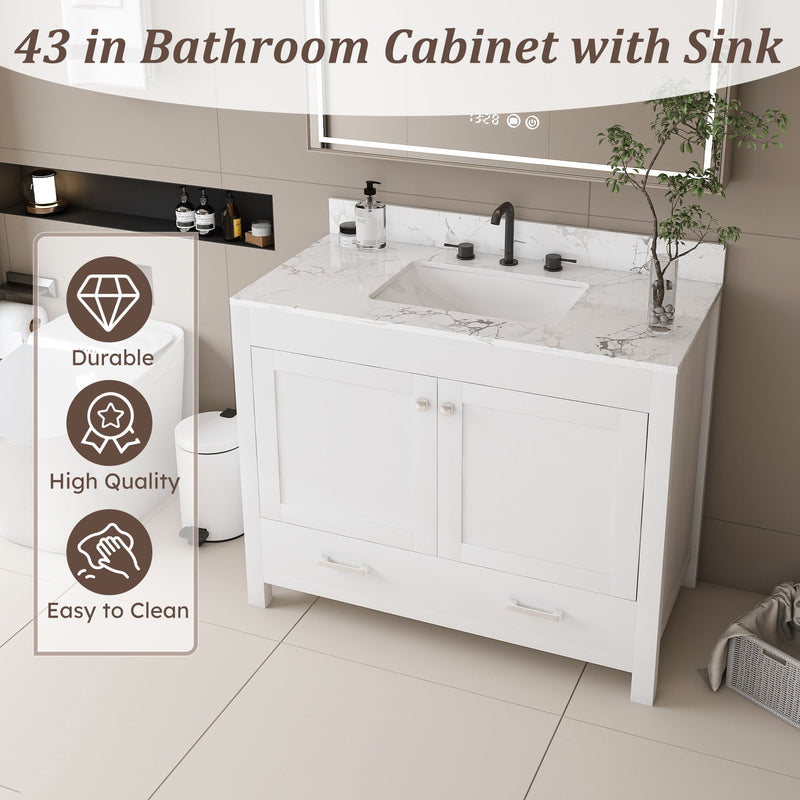 43" Bathroom Vanity With Artificial Marble Carrara Top Set, Multi Functional Bathroom Cabinet With Doors And Drawer - White
