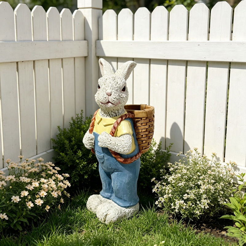 Simulated Couple Rabbit Statue Flower Pot Ornament, Resin Garden Sculpture Decor - Blue / White