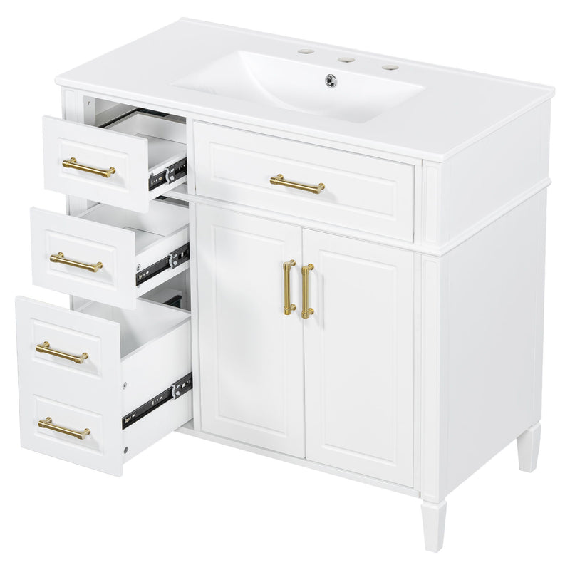 Bathroom Vanity With Sink, 4 Drawers (1 Flip Drawer), 2 Doors & Adjustable Shelf - White