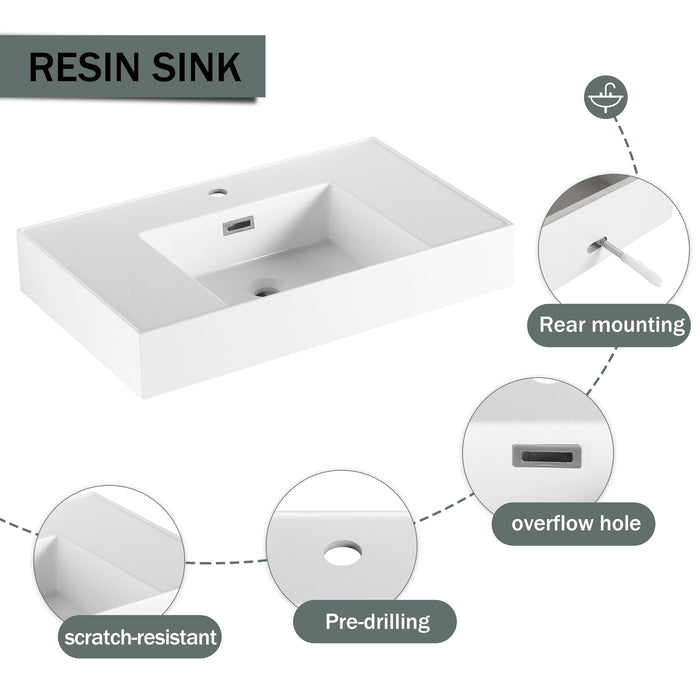 Modern Wall Mounted Bathroom Vanity With Resin Sink And Side Cabinet - Brown Ebony