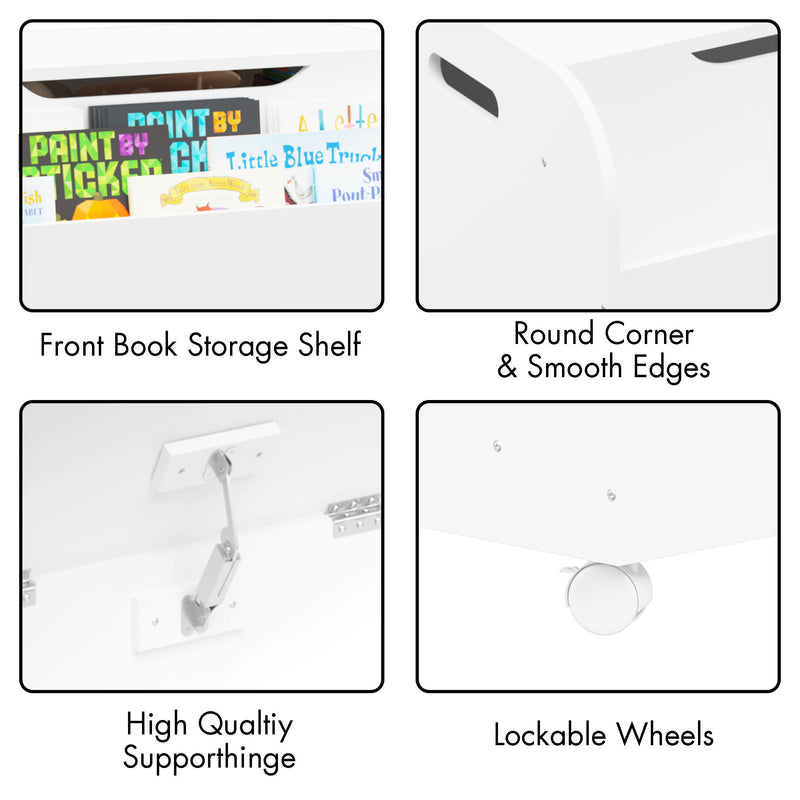 Toy Box With 4 Universal Wheels, Kids Playroom Storage Organizer With Front Bookshelf, Flip Top Lid, Safety Hinge - White