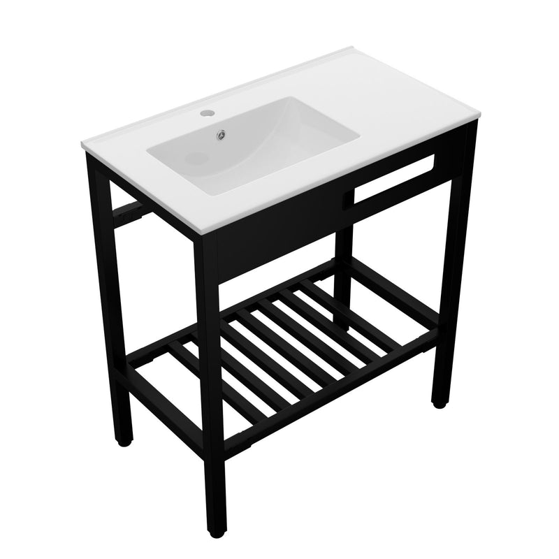 Console Sink With Legs, 32" X 18.5", Durable Porcela With Support - White / Black