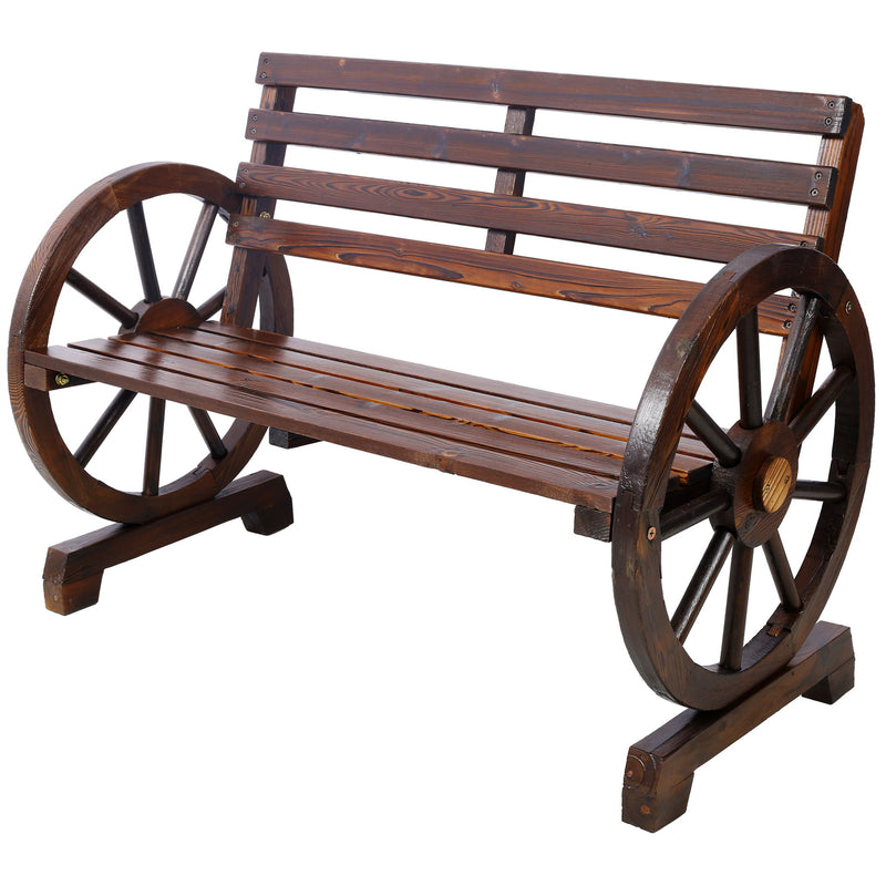 Rustic Country 2 Person Wooden Wagon Wheel Bench With Slatted Seat And Backrest - Brown