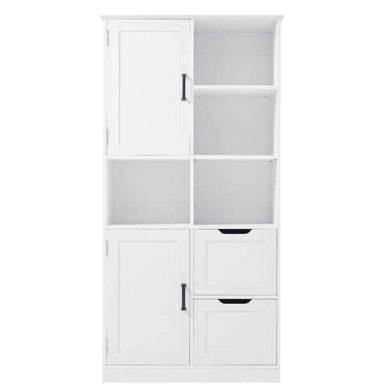 Freestanding Bathroom Storage Cabinet With Doors And Drawers, Adjustable Shelf, Open Shelves - White