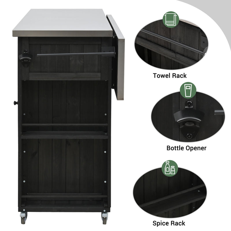 Outdoor Kitchen Island With Stainless Steel Top, Ample Storage Space, Towel And Spice Racks And A Bottle Opener