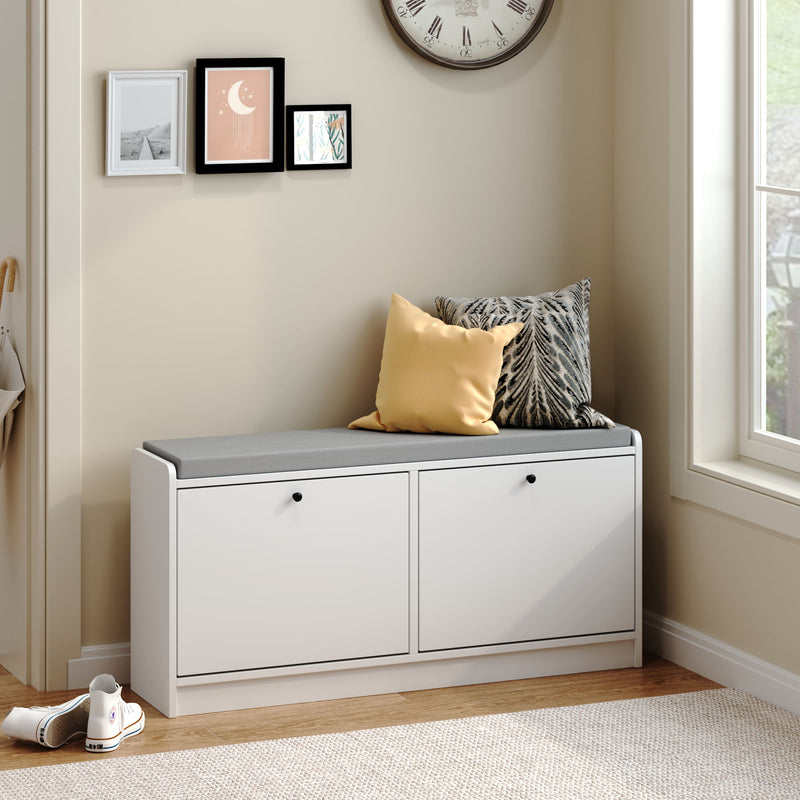 Shoe Storage Bench With Cushion, Entryway Organizer Cabinet For Hallway - White