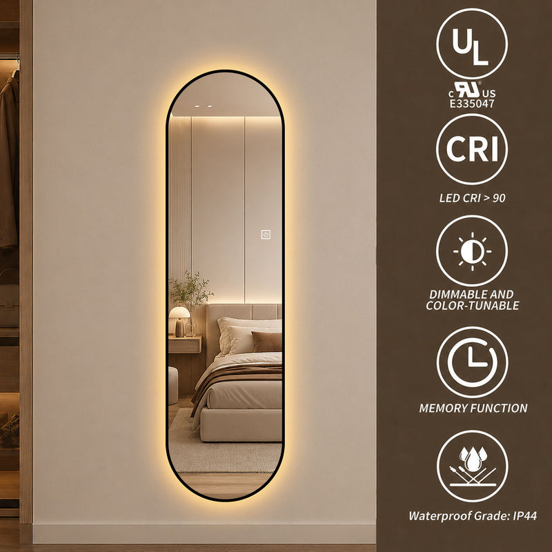 Capsule Shaped Dimmable LED Full Length Wall Mirror With Frame - Silver