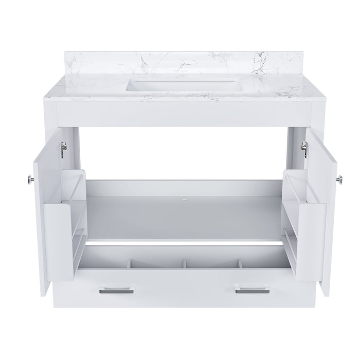 43" Bathroom Vanity With Artificial Marble Carrara Top Set, Multi Functional Cabinet With Doors And Drawer - White