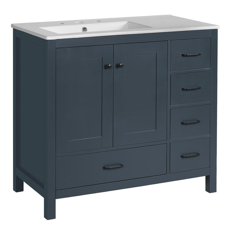 Bathroom Vanity With Ceramic Sink Combo, Abundant Storage Cabinet 2 Soft Close Doors And 5 Drawers