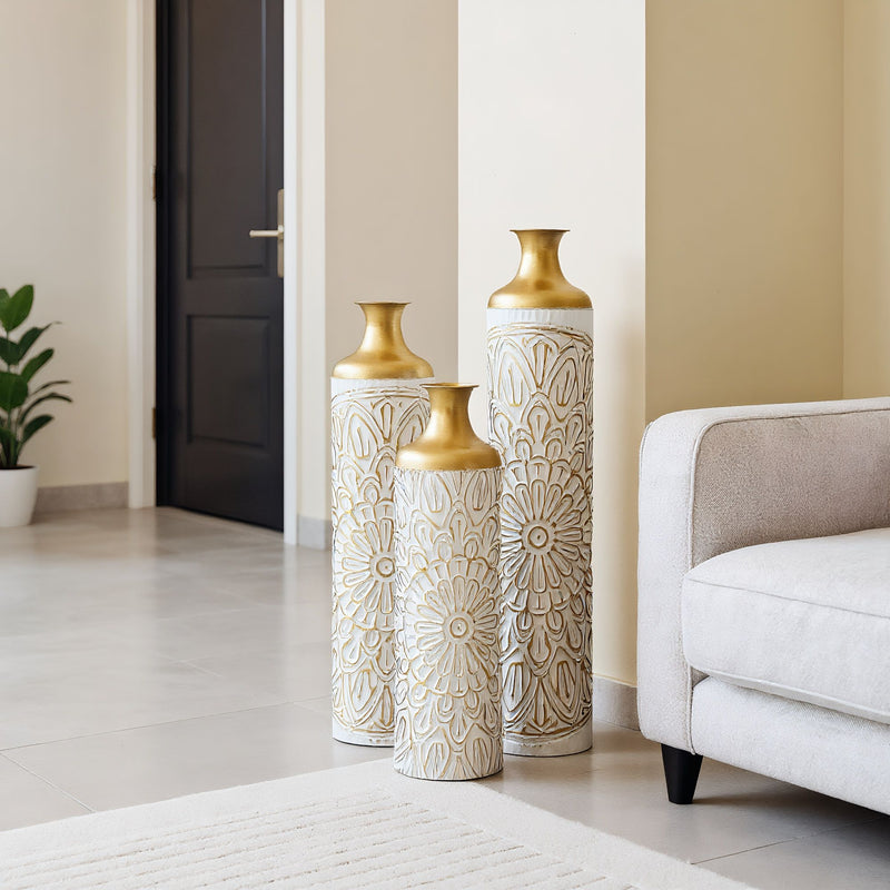 3 Piece Home Decoration Large Glazed Floor Vase Decoration Home Droplet Shaped - Gold / White