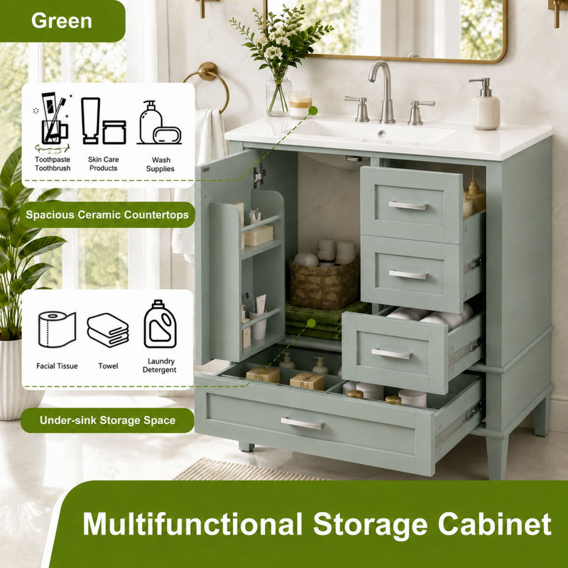 Bathroom Vanity With Sink, Soft Closing Door And Drawers - Light Green