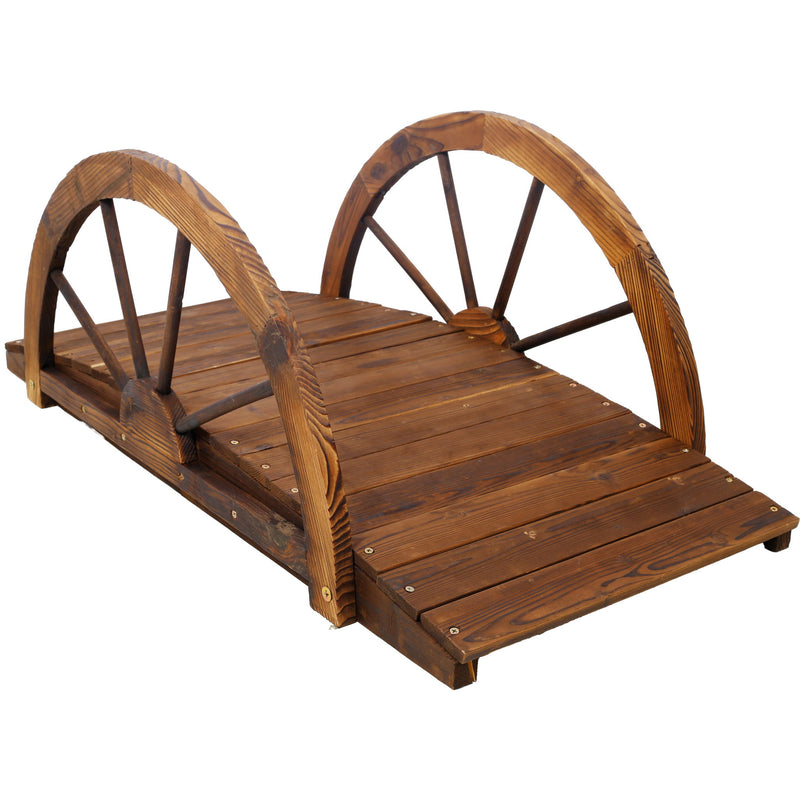 Wooden Garden Bridge Arc Footbridge With Half Wheel Railings Solid Fi - Brown