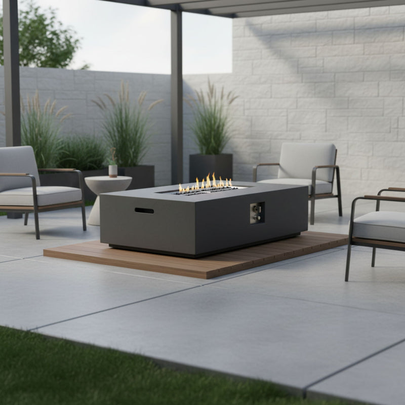 Volon - Rectangular Fire Pit Table, Propane Powered, 50,000 BTU - Light Gray
