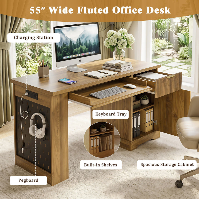 Modern Fluted Office Desk With Storage Cabinet