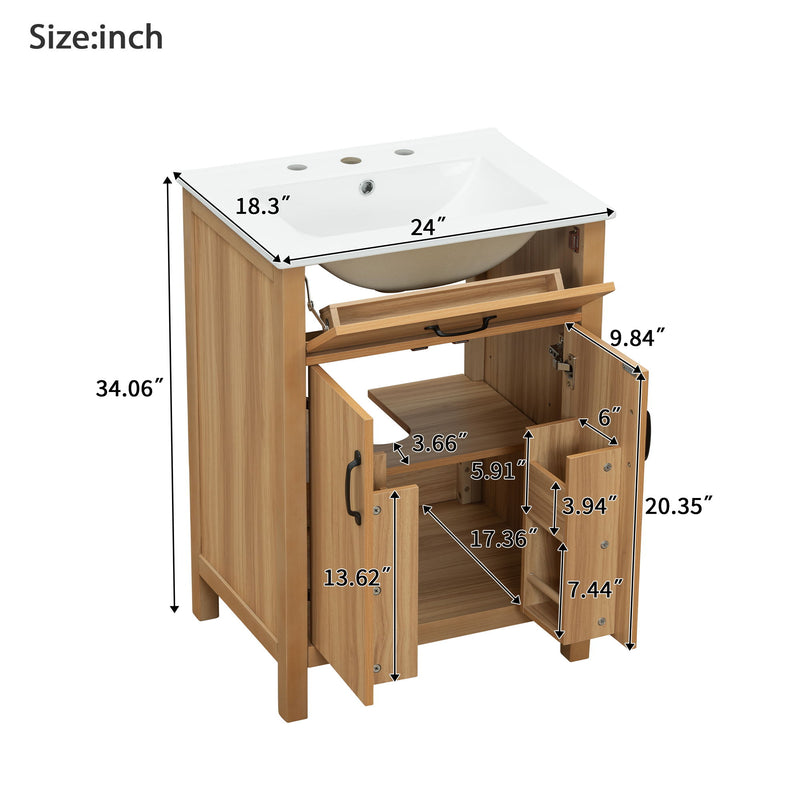 Bathroom Vanity With Flip Drawer, 2 Soft Close Doors, Adjustable Shelf And Ceramic Sink