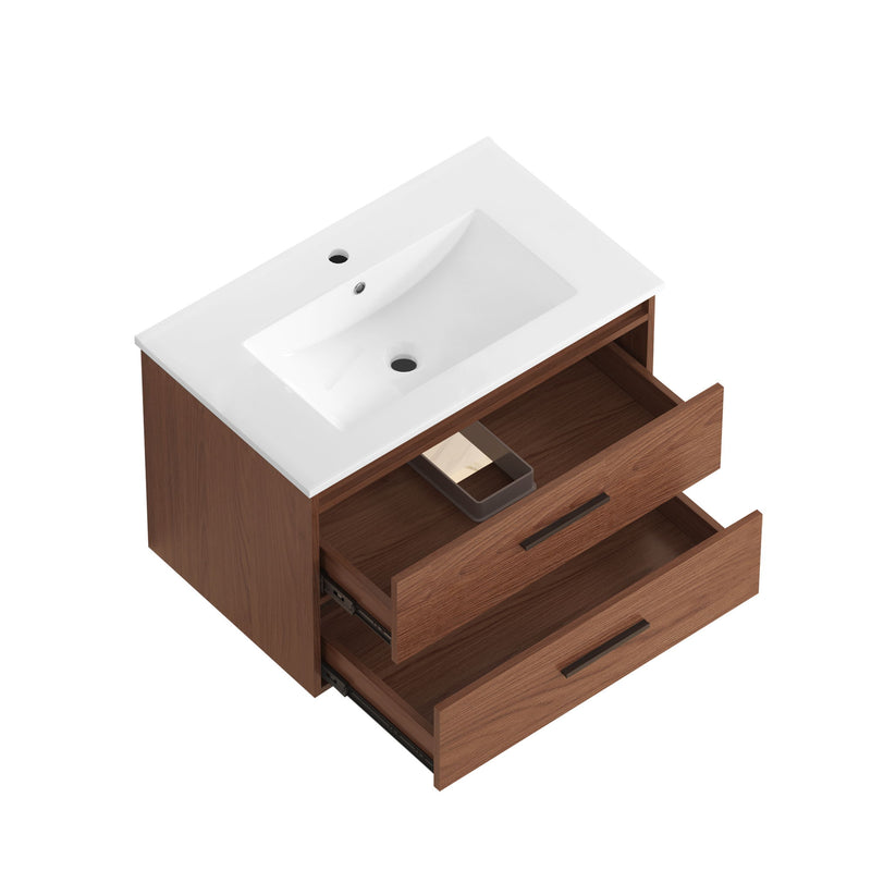 Wall Mounting Bathroom Vanity With Soft Close 2 Drawer, Sink - Reddish Brown