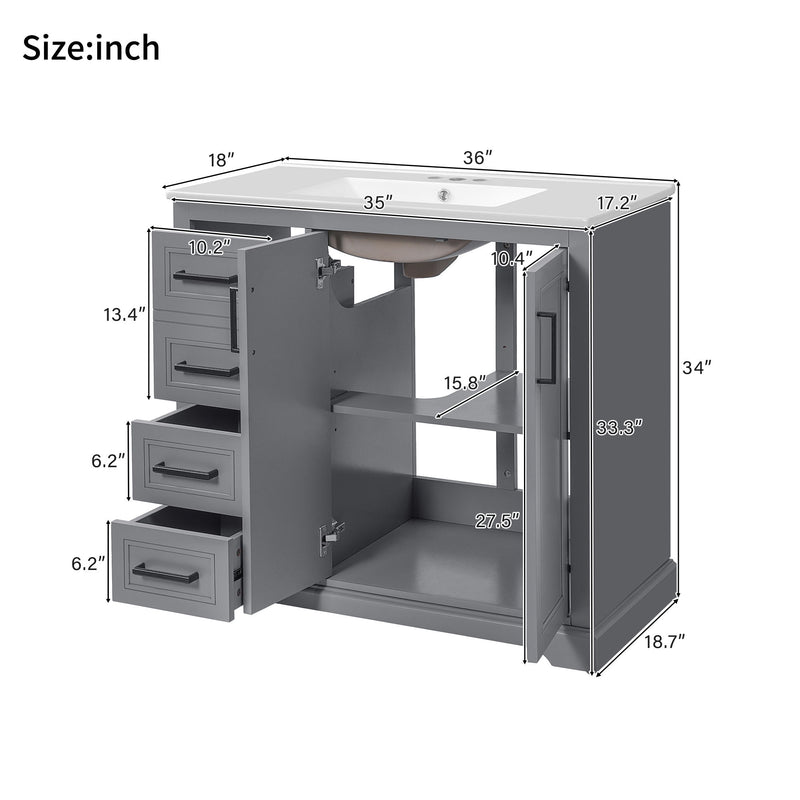 Bathroom Vanity With Sink, Soft Close Doors, Adjustable Shelf & 3 Drawers