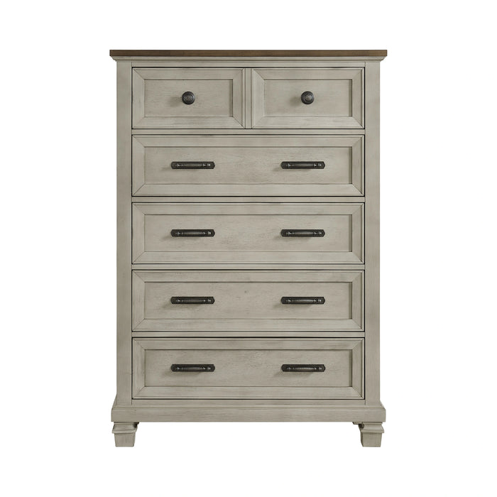 Farmington 5-Drawer Chest in Medium Brown and Washed Stone