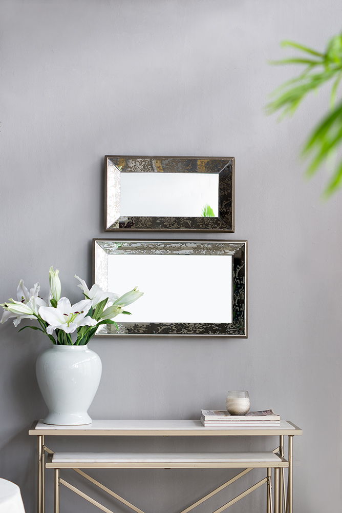 Antique Rectangle Mirror With Floral Accents, Mirrored Display Tray, Hanging Wall Mirror