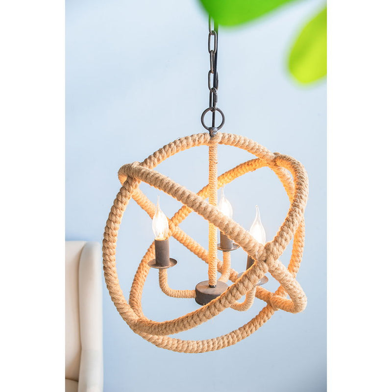 3 Light Farmhouse Chandelier, Rope Chandelier Globe Hanging Light Fixture With With Adjustable Chain For Kitchen, Bulb Not Included - Beige Brown