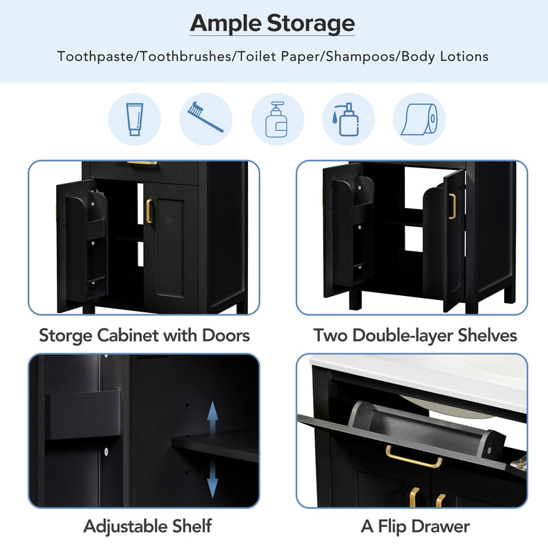 Modern Bathroom Vanity With Ceramic Sink, Soft-Close Doors, Flip Drawer, U-Shaped Shelves, Elegant Storage Solution