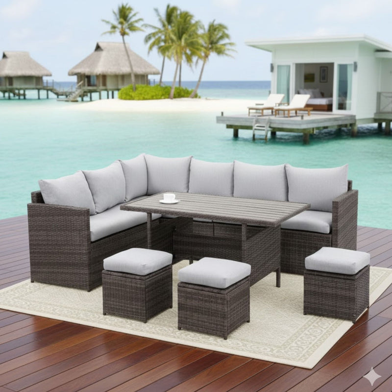7 Piece Outdoor Dining Set With Cushions, Modular Sectional Sofa And Table