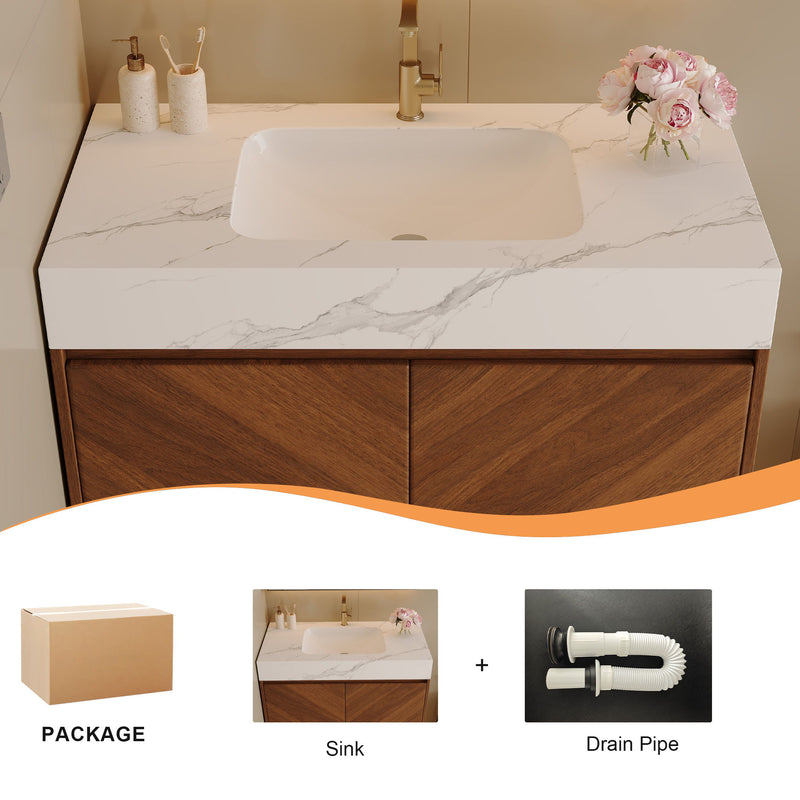 Wall Mounted Bathroom Vanity With Sink, Soft Close - Walnut / White