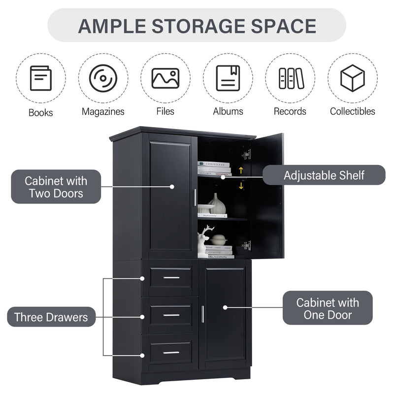 Tall Wide Storage Cabinet With Doors, 3 Drawers