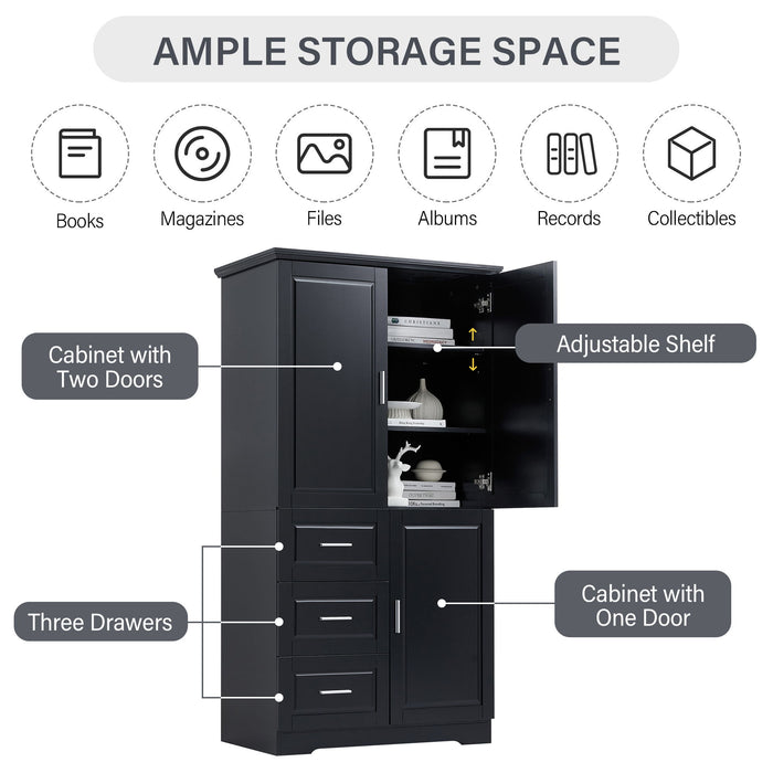 Tall Wide Storage Cabinet With Doors, 3 Drawers
