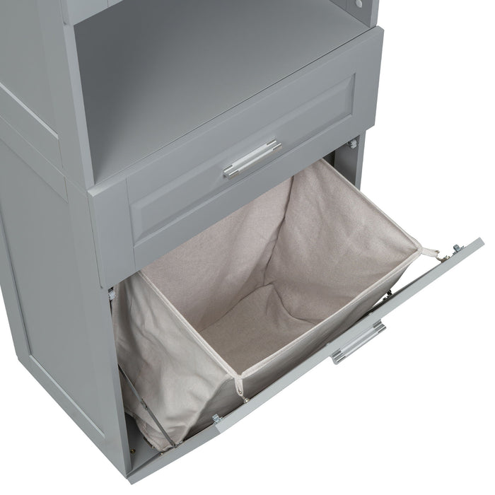 Tall Bathroom Cabinet With Tilt-Out Laundry Basket And Upper Storage