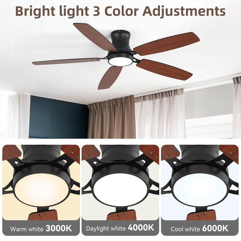 52" Flush Mount Ceiling Fan With Light, DC Motor, Remote Control, Dual Color
