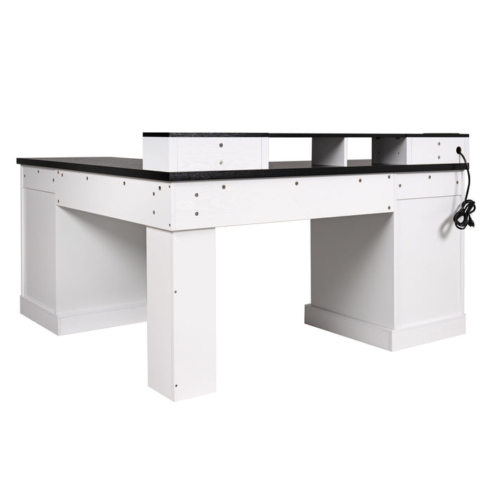 Fluted L-Shaped Desk With Charging Station & Storage Cabinet