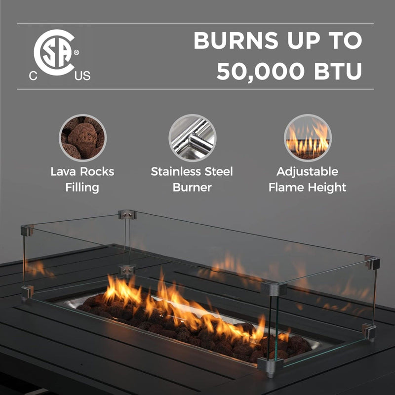 Rectangular Propane Fire Pit Table With Burner, Lava Rock, Waterproof Cover
