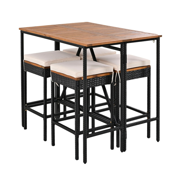 Outdoor Acacia Wood Bar Height Table And Eight Stools With Cushions
