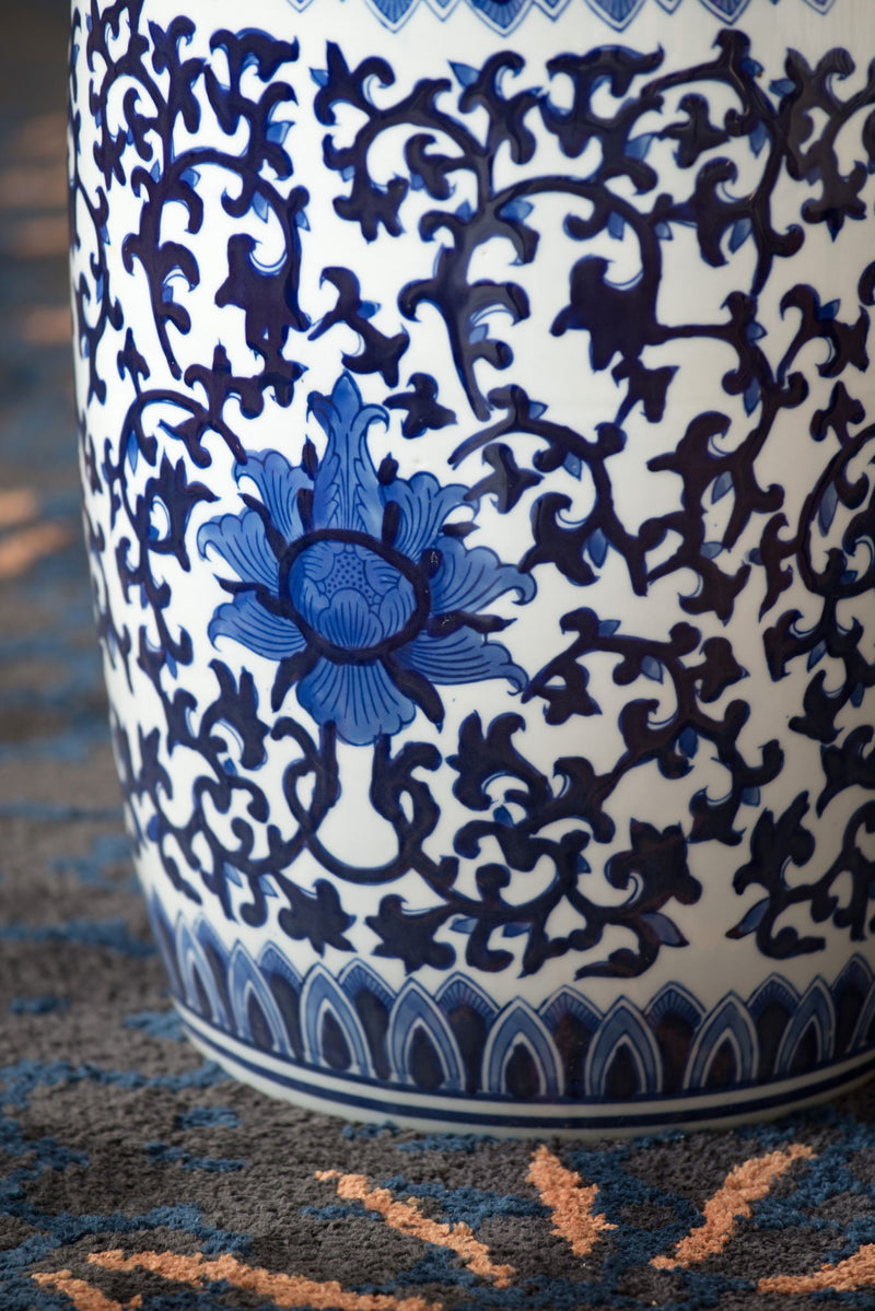 Ceramic Garden Stool, Small Side Tabel - White / Blue
