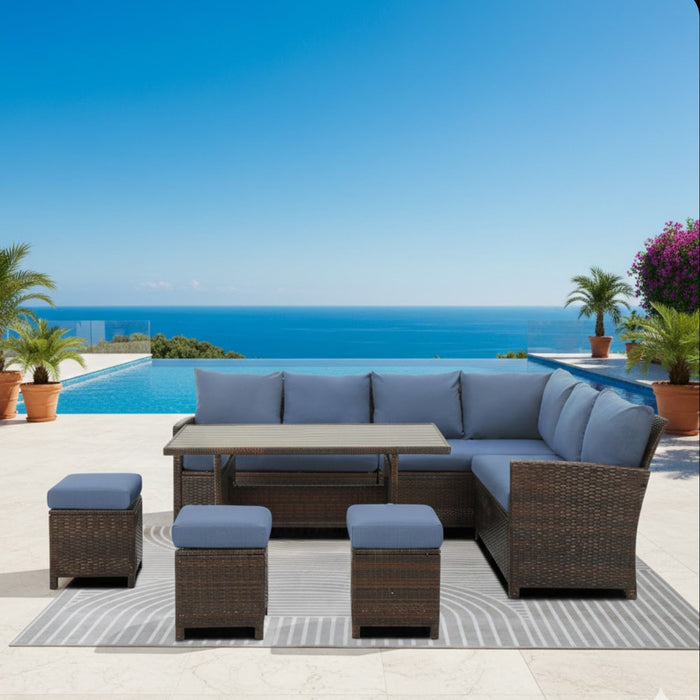 7 Piece Patio Dining Set With Cushions, Modular Sectional Sofa & Storage Table