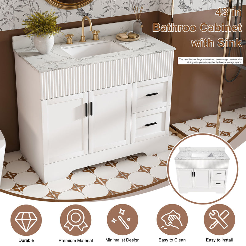 Bathroom Vanity Set, Fluted Cabinet, Soft Close Doors & Drawers, 3 Faucet Holes, Sink Included - White