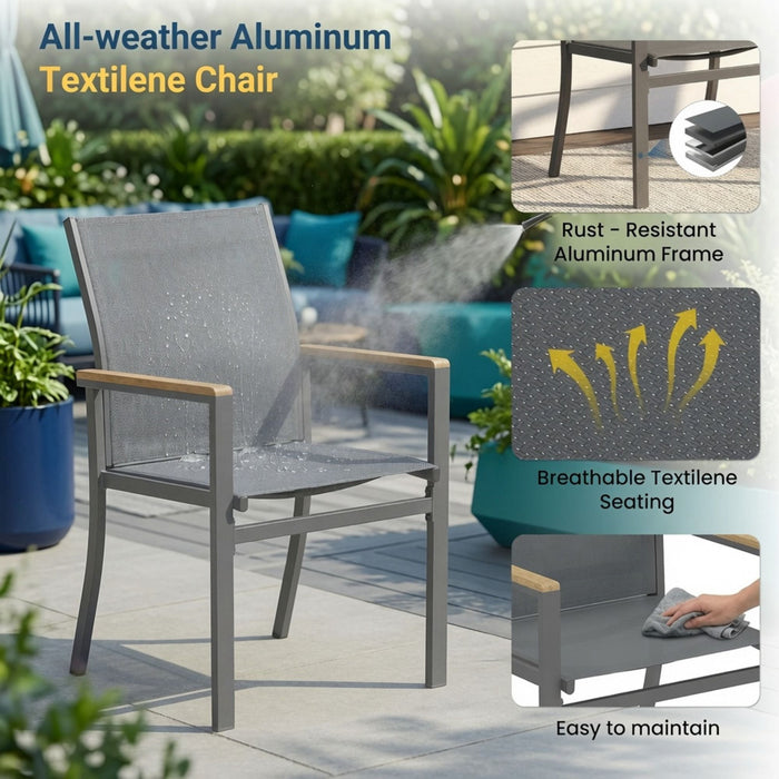 7 Piece Gray Aluminum Patio Dining Set With Textilene Chairs For Outdoor Living Frame With Accents, 59" Rectangle Table, All Weather Durable