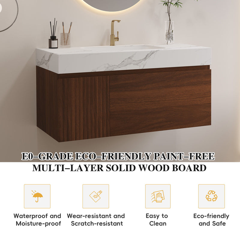 Floating Bathroom Vanity & Basin 1 Soft Close Drawer + 1 Cabinet, Wall Mounted - Walnut / White
