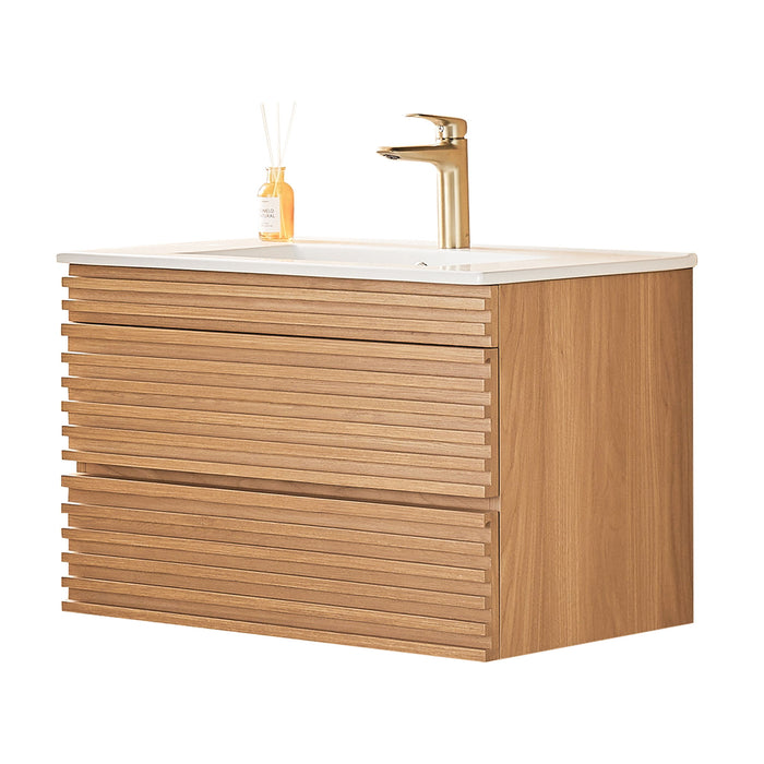 Wall Mounted & Floating Single Vanity With Ceramic Sink - Natural Walnut