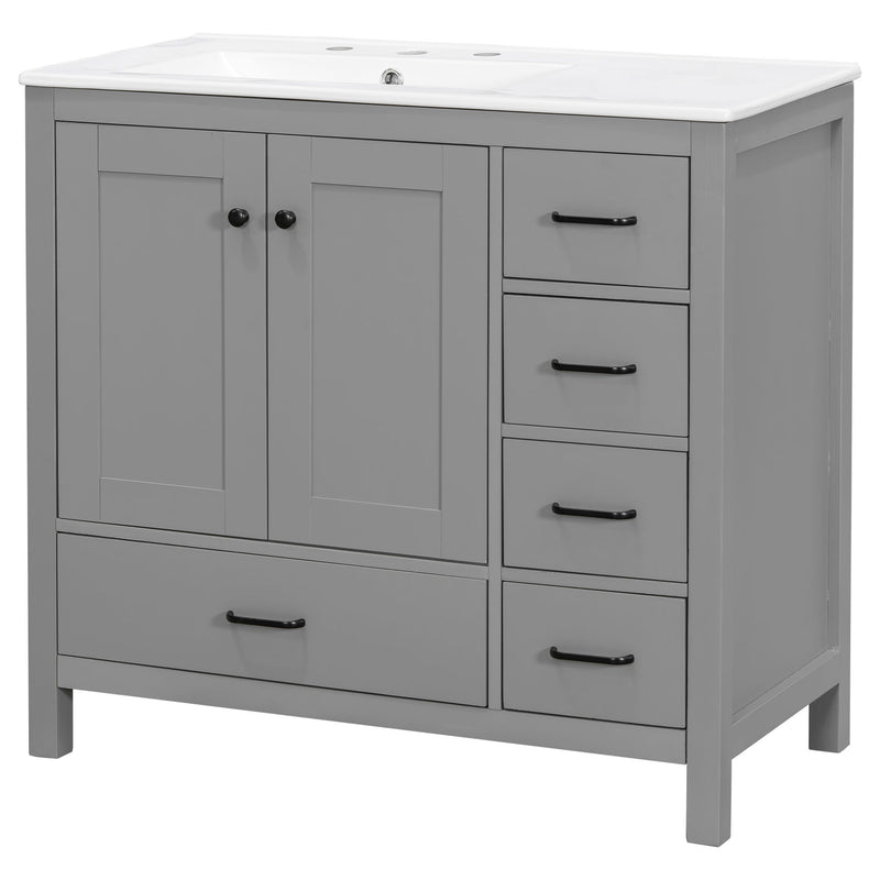 Bathroom Vanity With Ceramic Sink Combo, Abundant Storage Cabinet 2 Soft Close Doors And 5 Drawers