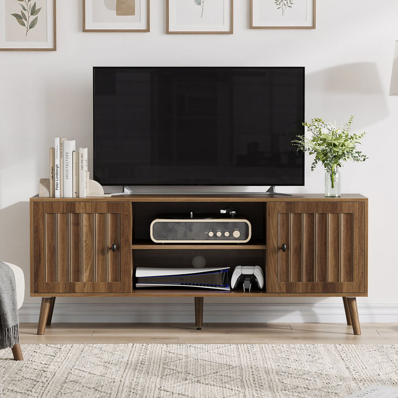 55" TV Cabinet With Vertical Groove Doors, Adjustable Shelves - Walnut