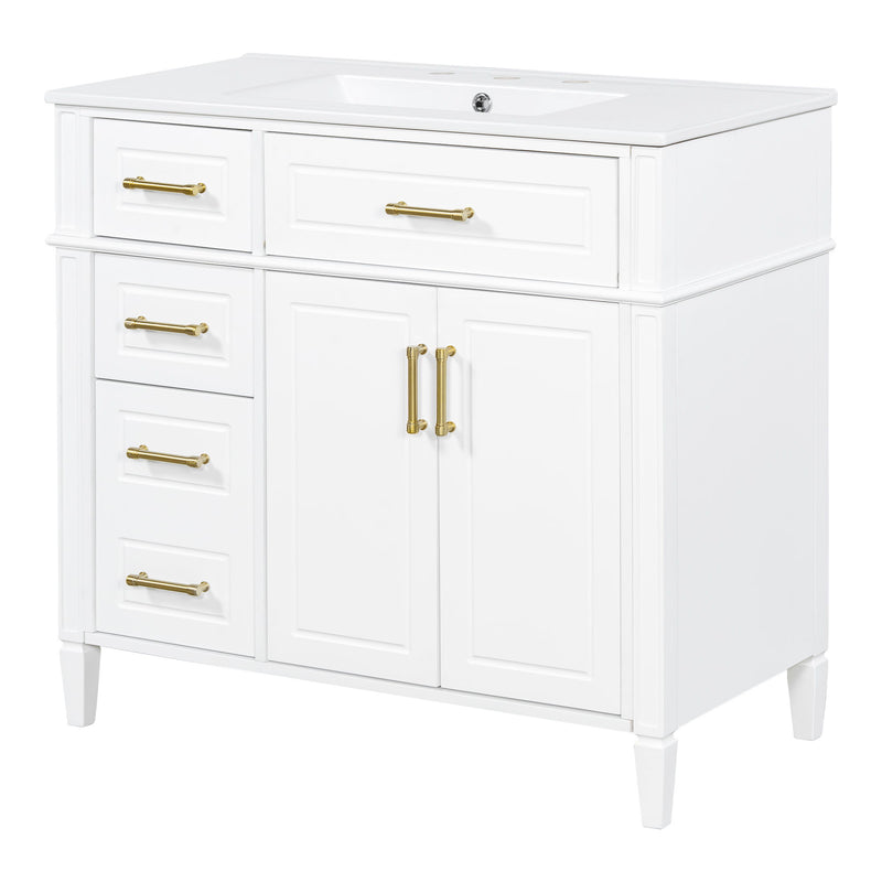 Bathroom Vanity With Sink, 4 Drawers (1 Flip Drawer), 2 Doors & Adjustable Shelf - White