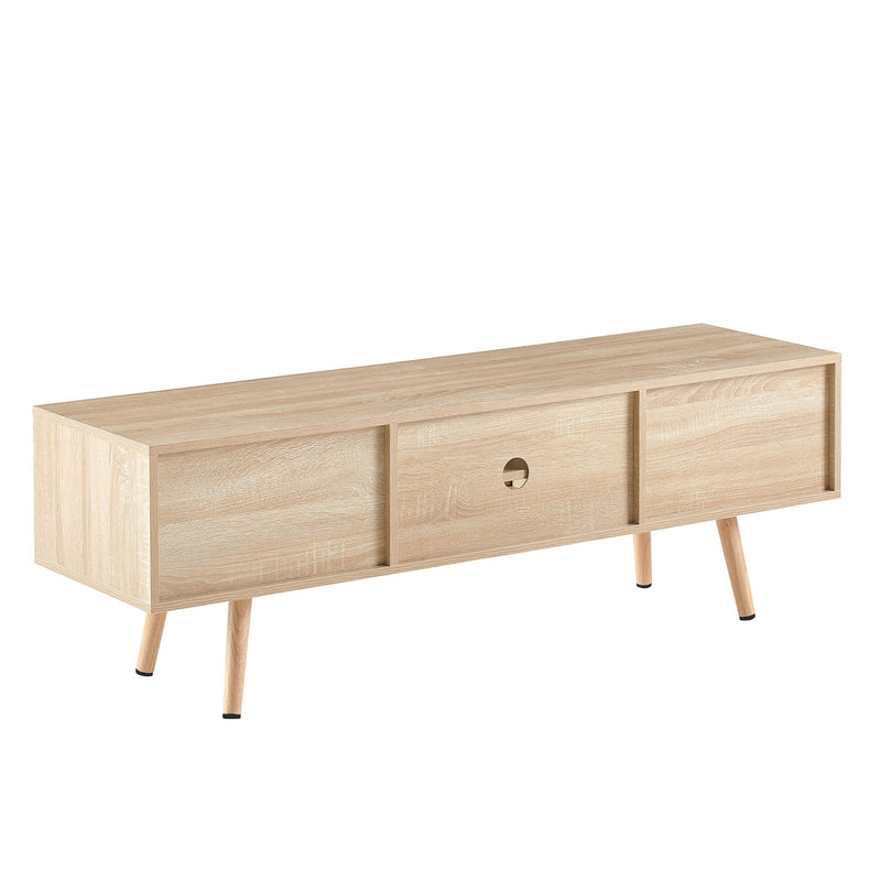55.12" Rattan TV Cabinet, Double Sliding Doors For Storage, Adjustable Shelf, Solid Wood Legs, TV Console For Living Room