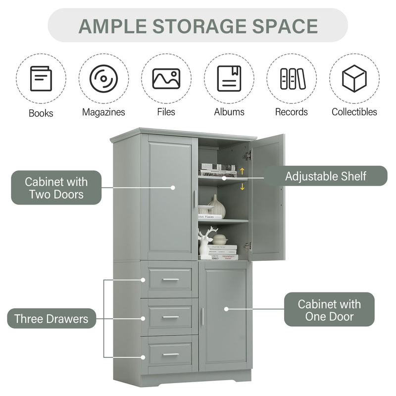 Tall And Wide Storage Cabinet With Doors For Bathroom Or Office, 3 Drawers - Gray