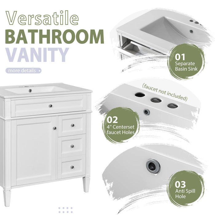 Bathroom Vanity With Top Sink, 2 Doors And 3 Drawers, Freestanding Set With Mirror Cabinet